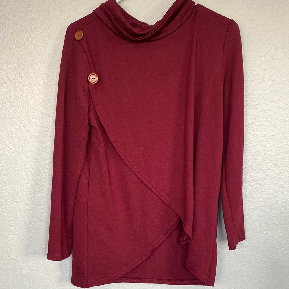 Women's Burgundy Draped Button Accent Top